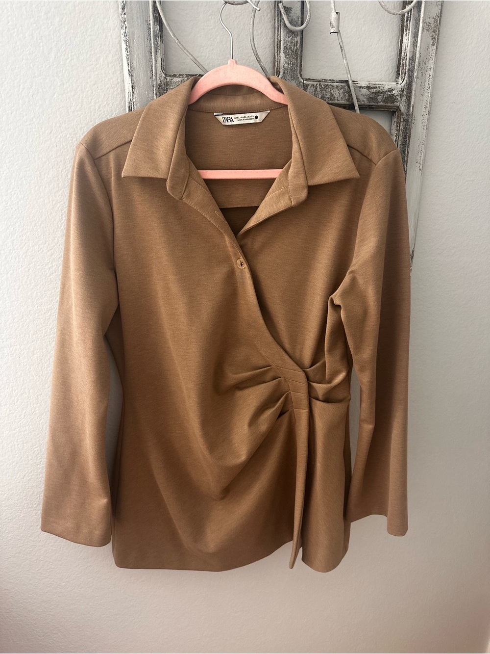Zara Camel Brown Wrap-Detail Collared Long-Sleeve Shirt